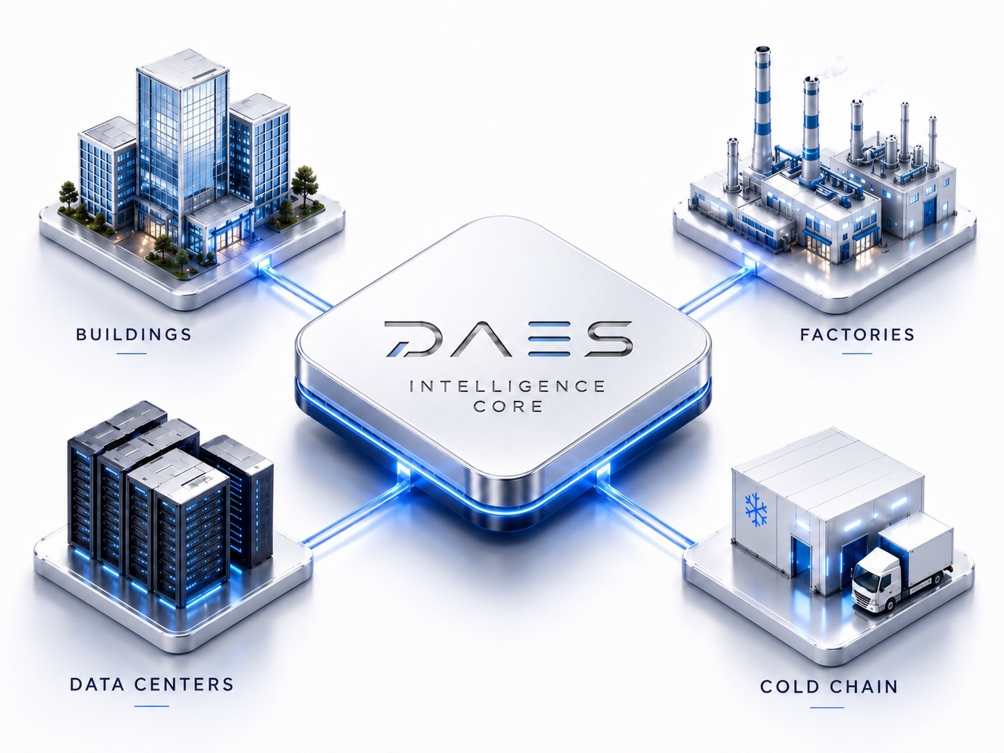 DAES Intelligence Core connected to Buildings, Factories, Data Centers and Cold Chain